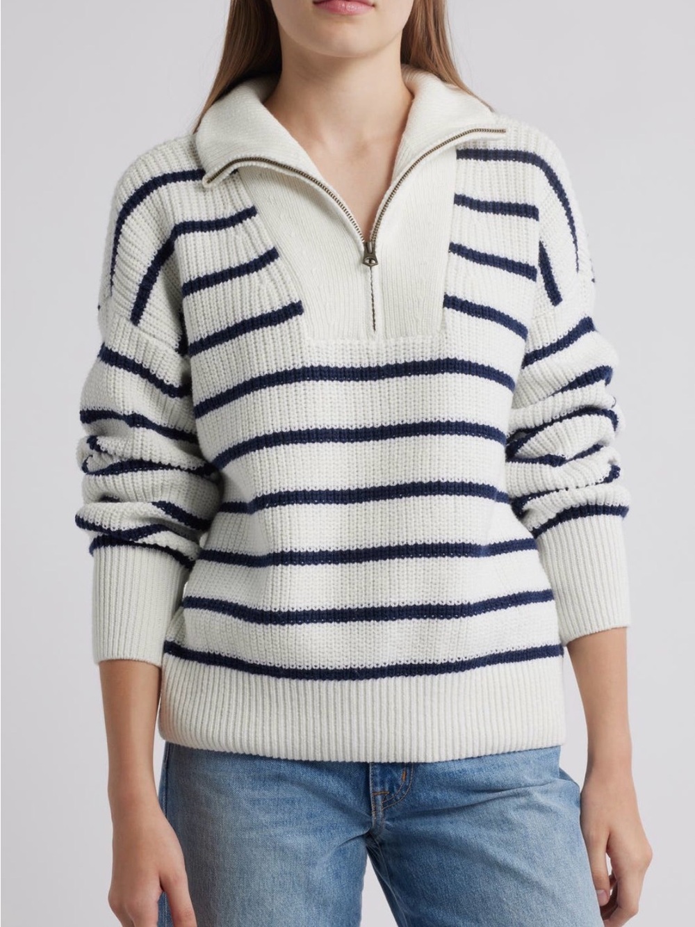 Faherty Mariner Navy Striped Quarter Zip Sweater M